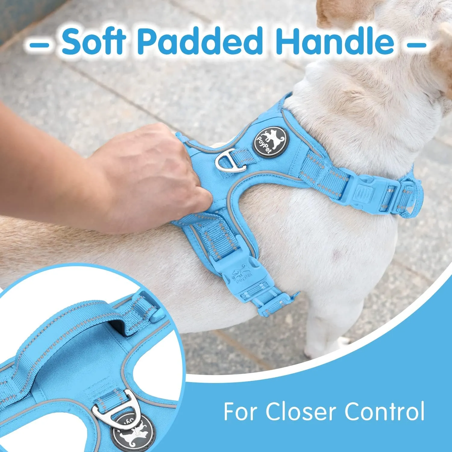 PoyPet No Pull Dog Harness and 5 Feet Leash Set, Release on Neck Reflective Adjustable Pet Vest, Front & Back 2 D-Ring and Soft Padded Pet Harness with Handle for Small to Large Dogs(Light Blue,L)