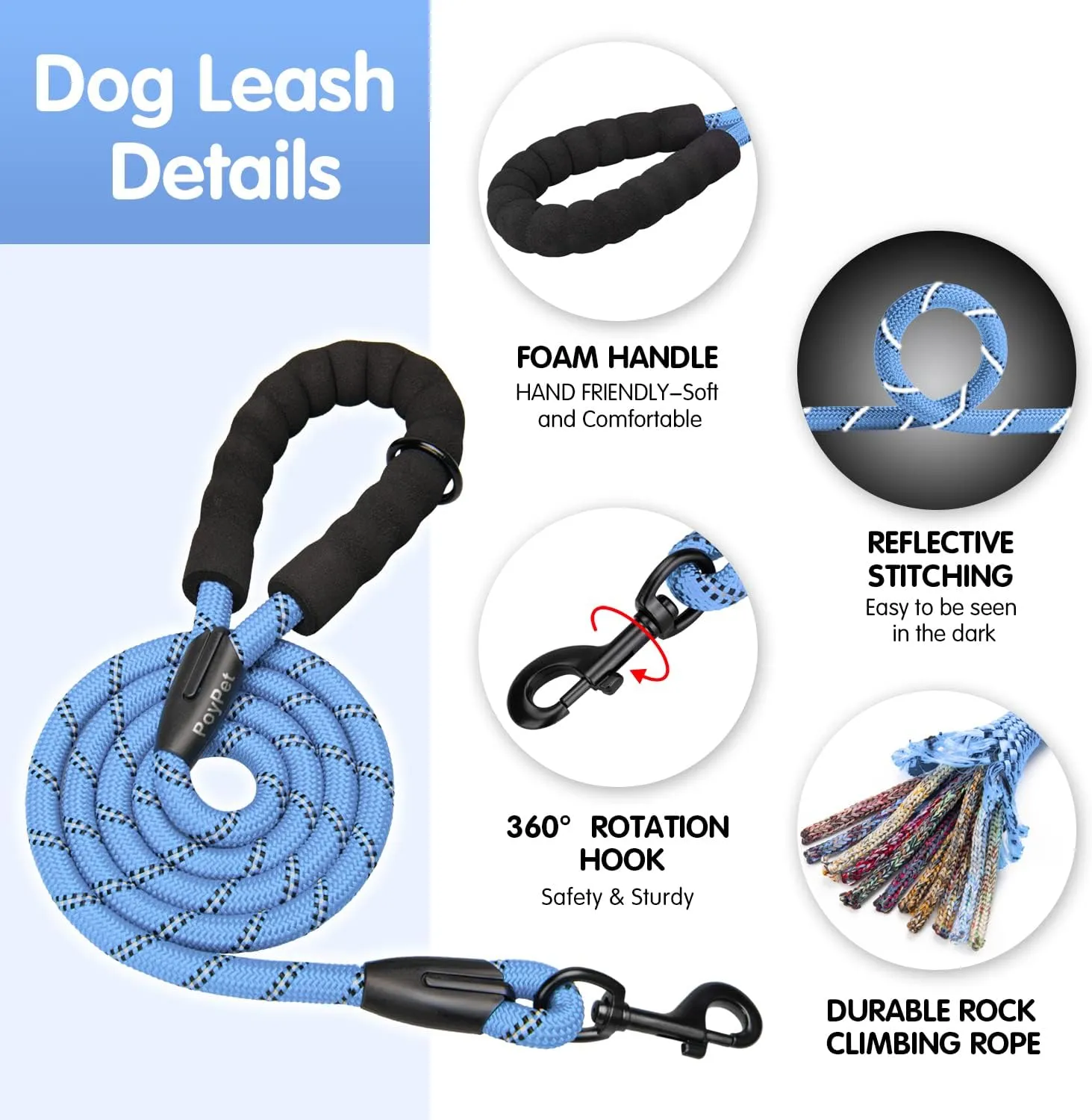 PoyPet No Pull Dog Harness and 5 Feet Leash Set, Release on Neck Reflective Adjustable Pet Vest, Front & Back 2 D-Ring and Soft Padded Pet Harness with Handle for Small to Large Dogs(Light Blue,L)