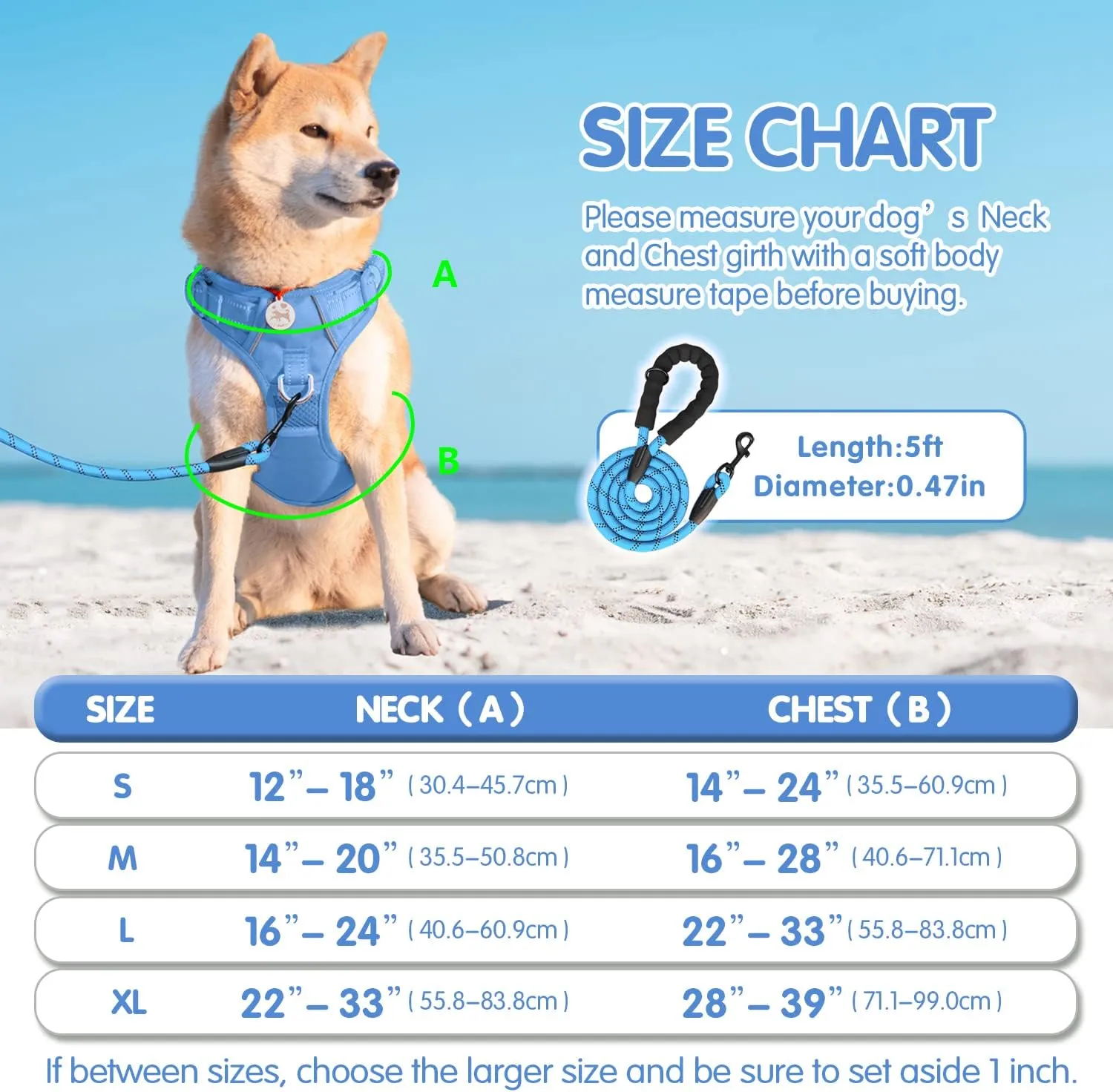 PoyPet No Pull Dog Harness and 5 Feet Leash Set, Release on Neck Reflective Adjustable Pet Vest, Front & Back 2 D-Ring and Soft Padded Pet Harness with Handle for Small to Large Dogs(Light Blue,L)