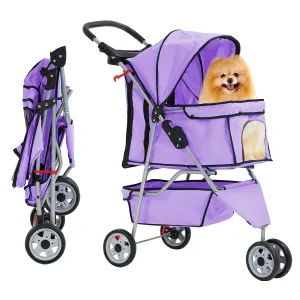 Purple 3-Wheel Folding Cat & Dog Stroller - Waterproof, Cup Holder, Removable Liner - Small & Medium Pets