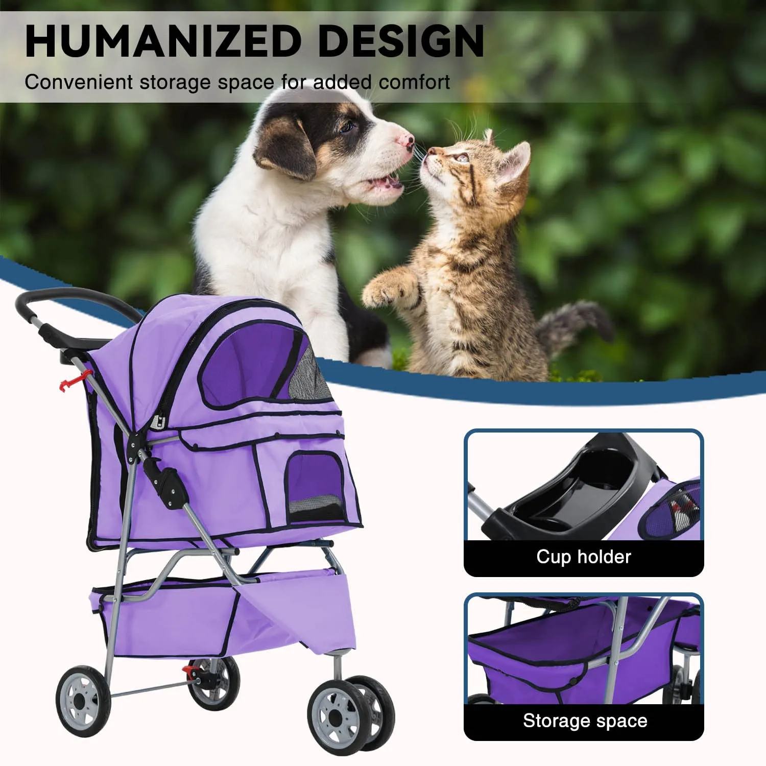 Purple 3-Wheel Folding Cat & Dog Stroller - Waterproof, Cup Holder, Removable Liner - Small & Medium Pets