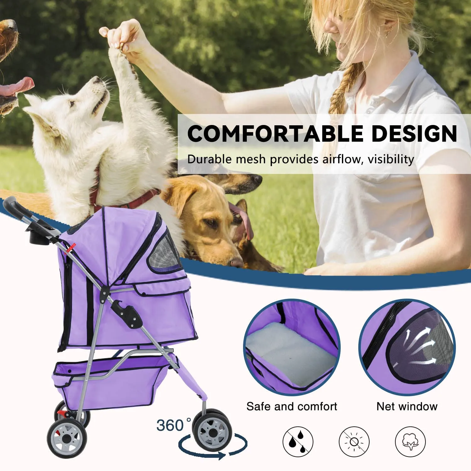 Purple 3-Wheel Folding Cat & Dog Stroller - Waterproof, Cup Holder, Removable Liner - Small & Medium Pets