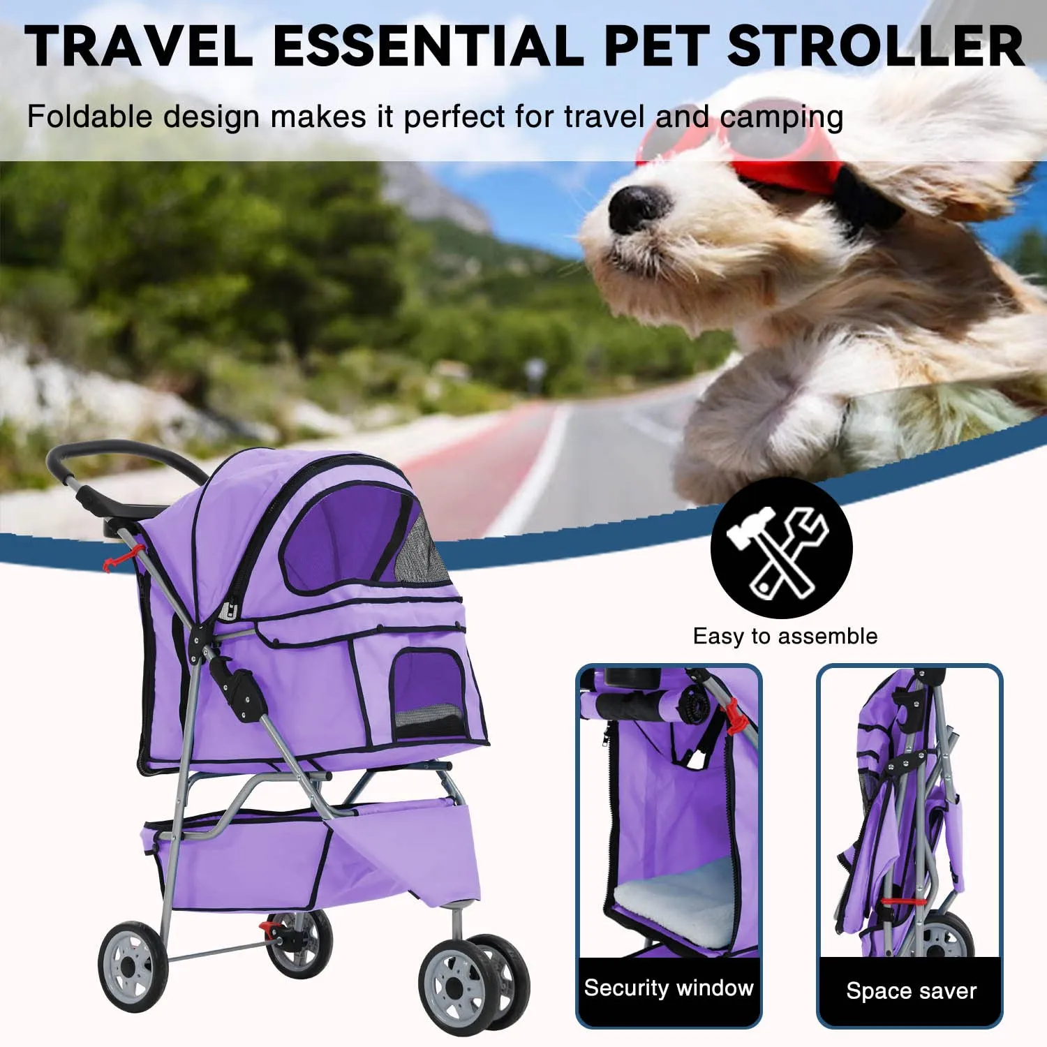 Purple 3-Wheel Folding Cat & Dog Stroller - Waterproof, Cup Holder, Removable Liner - Small & Medium Pets