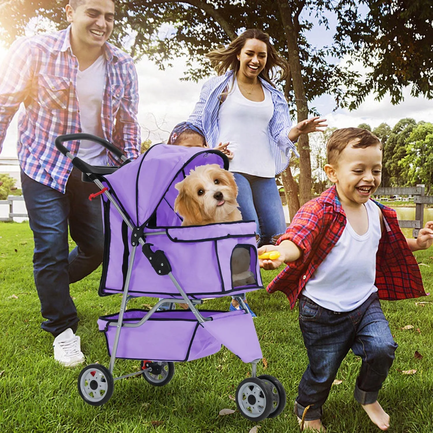Purple 3-Wheel Folding Cat & Dog Stroller - Waterproof, Cup Holder, Removable Liner - Small & Medium Pets
