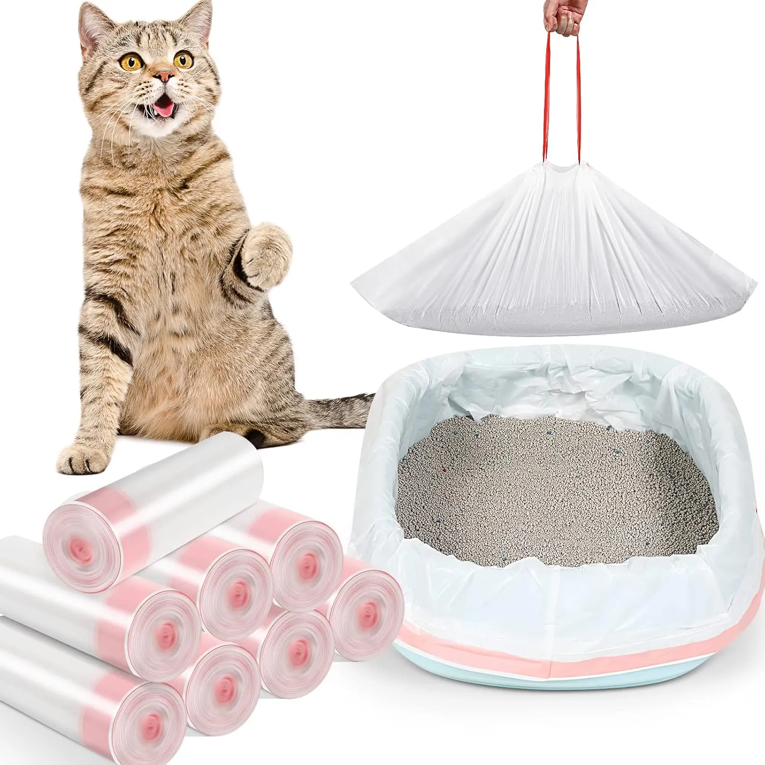 Sabary 80 Count Cat Litter Box Liners Jumbo Kitty Pan Bags with Drawstring Sturdy Hdpe Material for Cat Pet Waste Litter Box Tray, Pink, 36 x 18 Inch