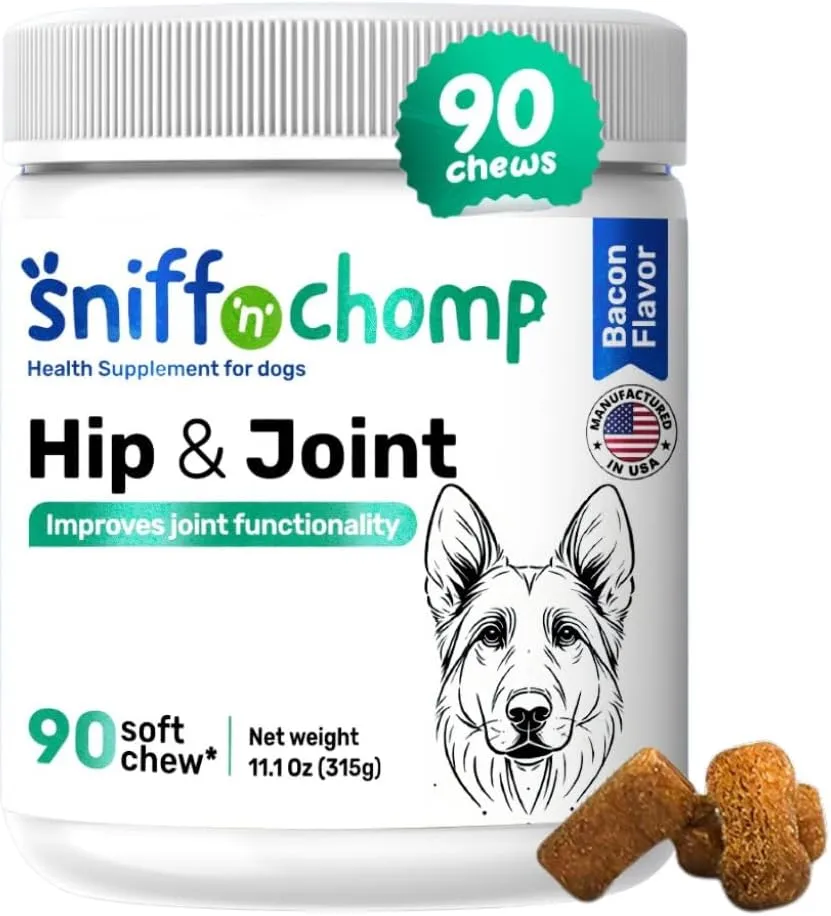 Sniff 'n' Chomp Collagen for Dogs, Advanced Joint Supplement, Dog Treats with Bacon Flavor, Soft Chews with Glucosamine for Dogs, Chondroitin and MSM, Supports Hip and Joint Health, 90 Count, USA Made