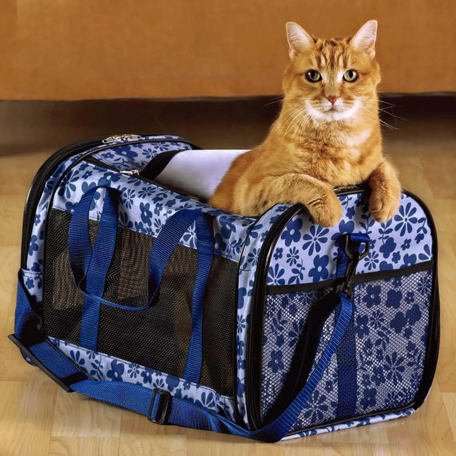 Soft-Sided Kennel Pet Carrier for Small Dogs, Cats, Puppy, Airline Approved Cat Carriers Dog Carrier Collapsible, Travel Handbag & Car Seat (Large: 19" x 11" x 11", Floral Print Blue)