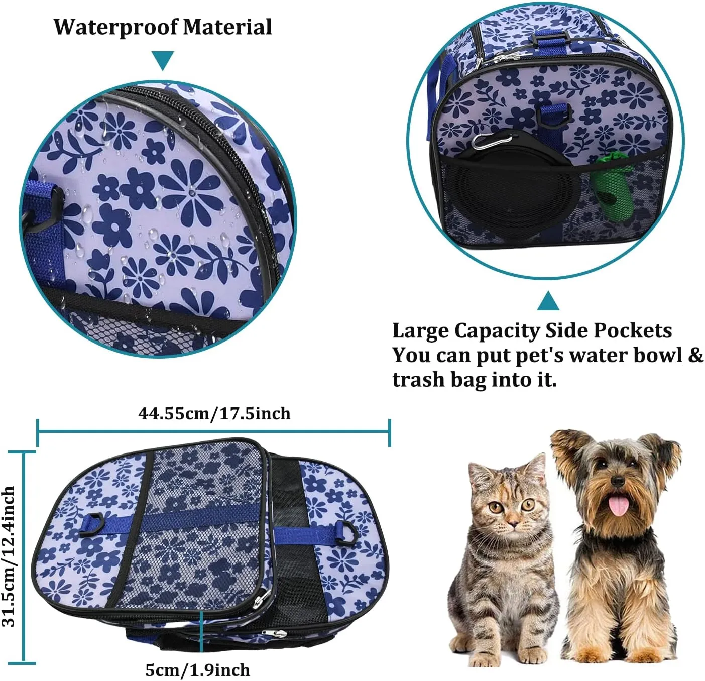 Soft-Sided Kennel Pet Carrier for Small Dogs, Cats, Puppy, Airline Approved Cat Carriers Dog Carrier Collapsible, Travel Handbag & Car Seat (Large: 19" x 11" x 11", Floral Print Blue)