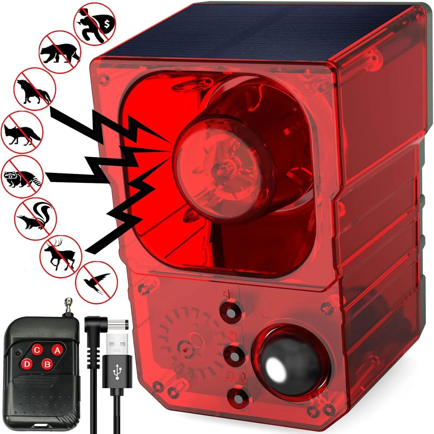Solar Outdoor Motion Sensor Alarm - Noise maker129dB Alarm, Recording, Siren, Dog Bark & Gunshot. with Remote, Wide-Angle Sensing. Fit Indoor/Outdoor. Detects Motion, Deters Intruders.