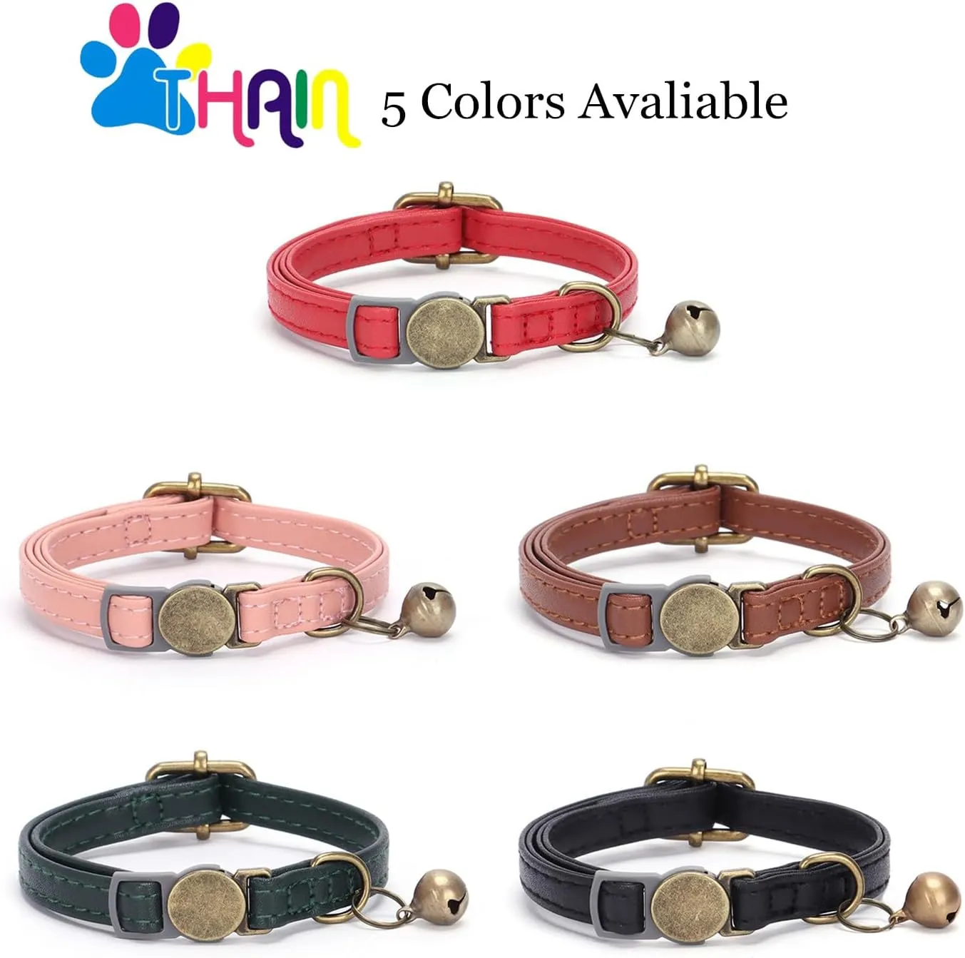 THAIN Leather Cat Collar with Bell Breakaway- Adjustable, Durable, Retro Bell fit Most Cats and Kittens (Brown)