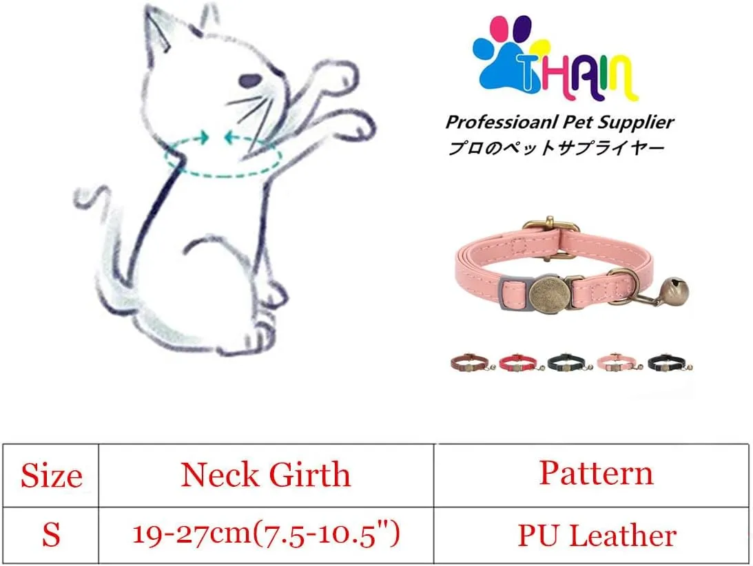 THAIN Leather Cat Collar with Bell Breakaway- Adjustable, Durable, Retro Bell fit Most Cats and Kittens (Brown)