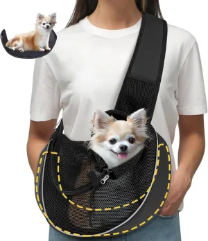 Upgraded Breathable Mesh Dog Sling Carrier for Small Dogs & Cats Up to 10 lbs- Detachable Hard Bottom, Adjustable Strap & Large Pocket - Hands-Free Pet Carrier for Travel Walking Hiking (Black Size S)
