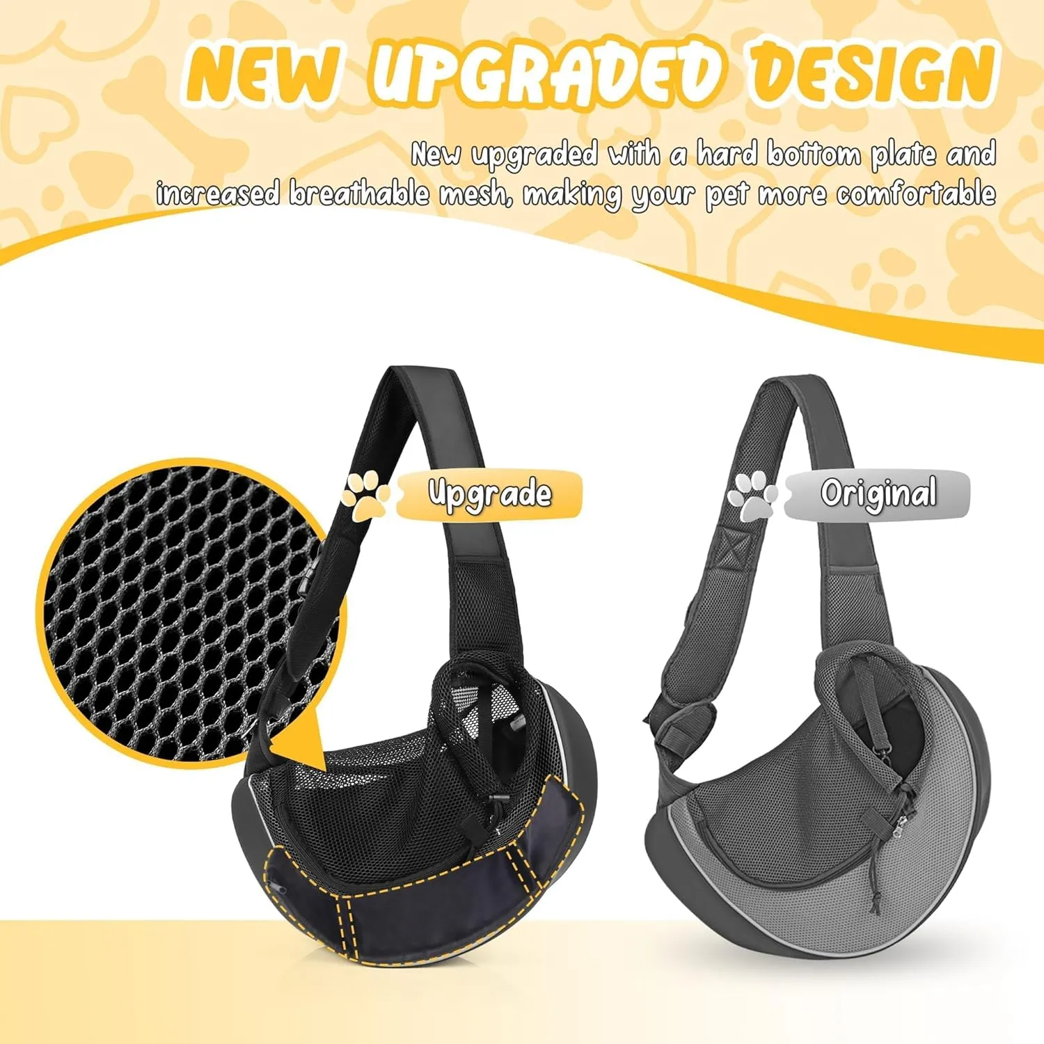 Upgraded Breathable Mesh Dog Sling Carrier for Small Dogs & Cats Up to 10 lbs- Detachable Hard Bottom, Adjustable Strap & Large Pocket - Hands-Free Pet Carrier for Travel Walking Hiking (Black Size S)