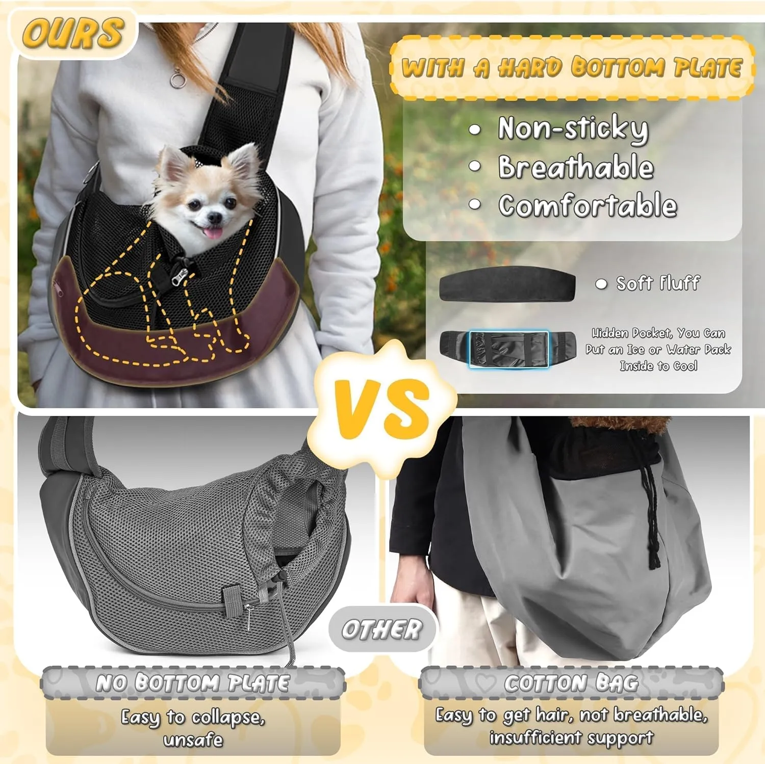 Upgraded Breathable Mesh Dog Sling Carrier for Small Dogs & Cats Up to 10 lbs- Detachable Hard Bottom, Adjustable Strap & Large Pocket - Hands-Free Pet Carrier for Travel Walking Hiking (Black Size S)