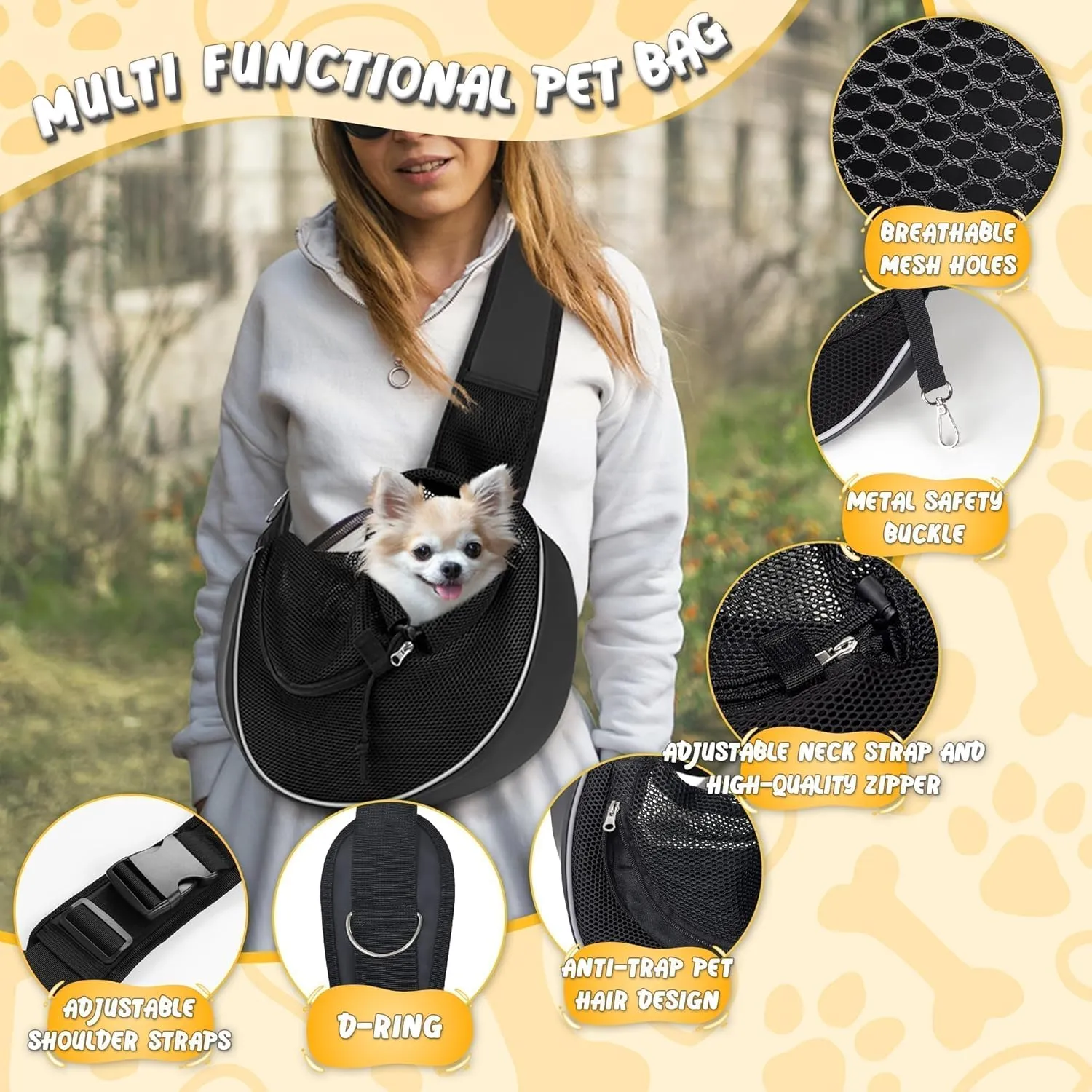 Upgraded Breathable Mesh Dog Sling Carrier for Small Dogs & Cats Up to 10 lbs- Detachable Hard Bottom, Adjustable Strap & Large Pocket - Hands-Free Pet Carrier for Travel Walking Hiking (Black Size S)