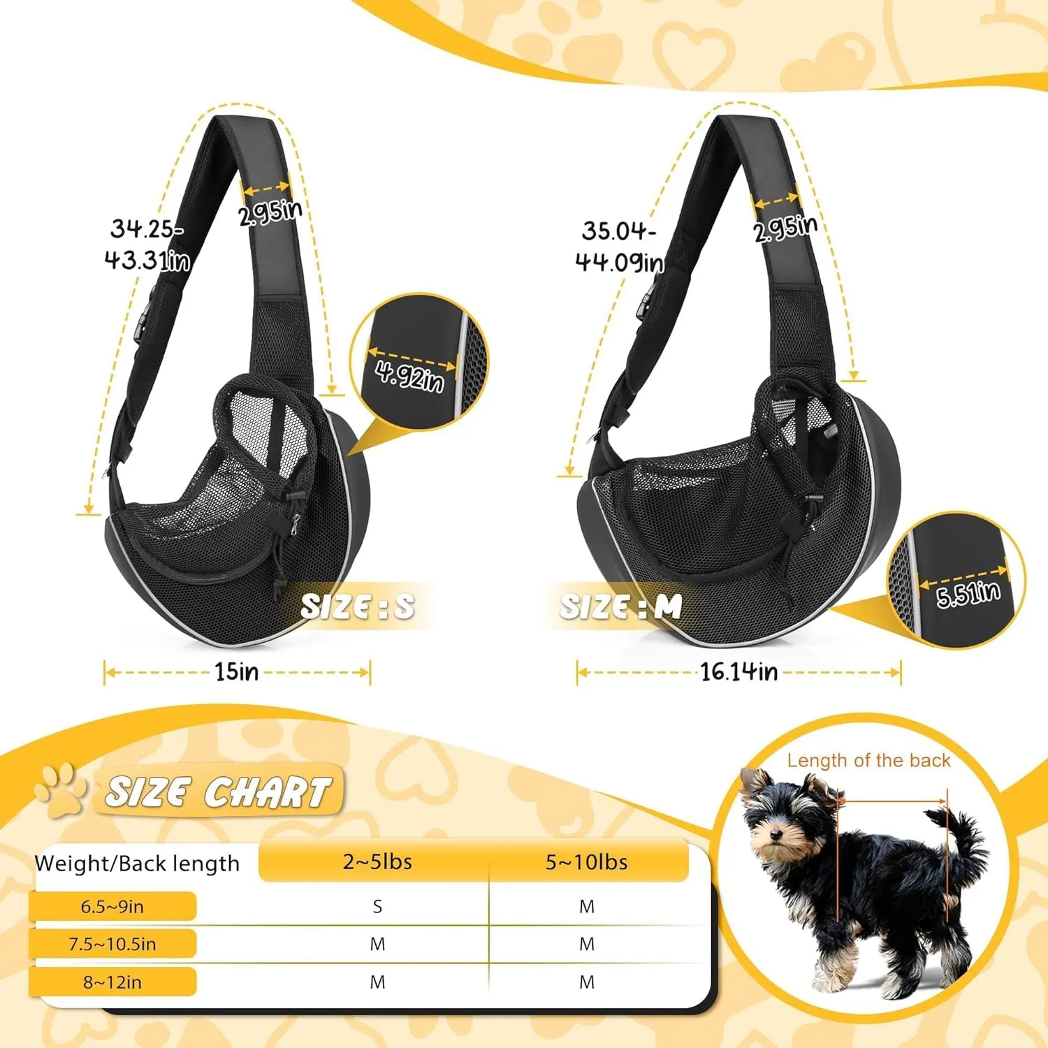 Upgraded Breathable Mesh Dog Sling Carrier for Small Dogs & Cats Up to 10 lbs- Detachable Hard Bottom, Adjustable Strap & Large Pocket - Hands-Free Pet Carrier for Travel Walking Hiking (Black Size S)
