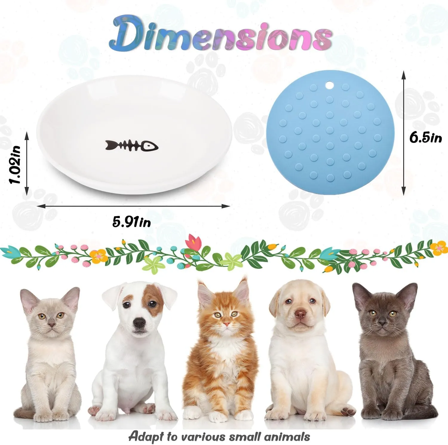VanEnjoy Ceramic Cat Food Plates: Cat Food Bowl Whisker Friendly, Cat Feeding Bowls Shallow Bowl with Non-Slip Mat - Fish