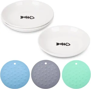 VanEnjoy Ceramic Cat Food Plates: Cat Food Bowl Whisker Friendly, Cat Feeding Bowls Shallow Bowl with Non-Slip Mat - Fish