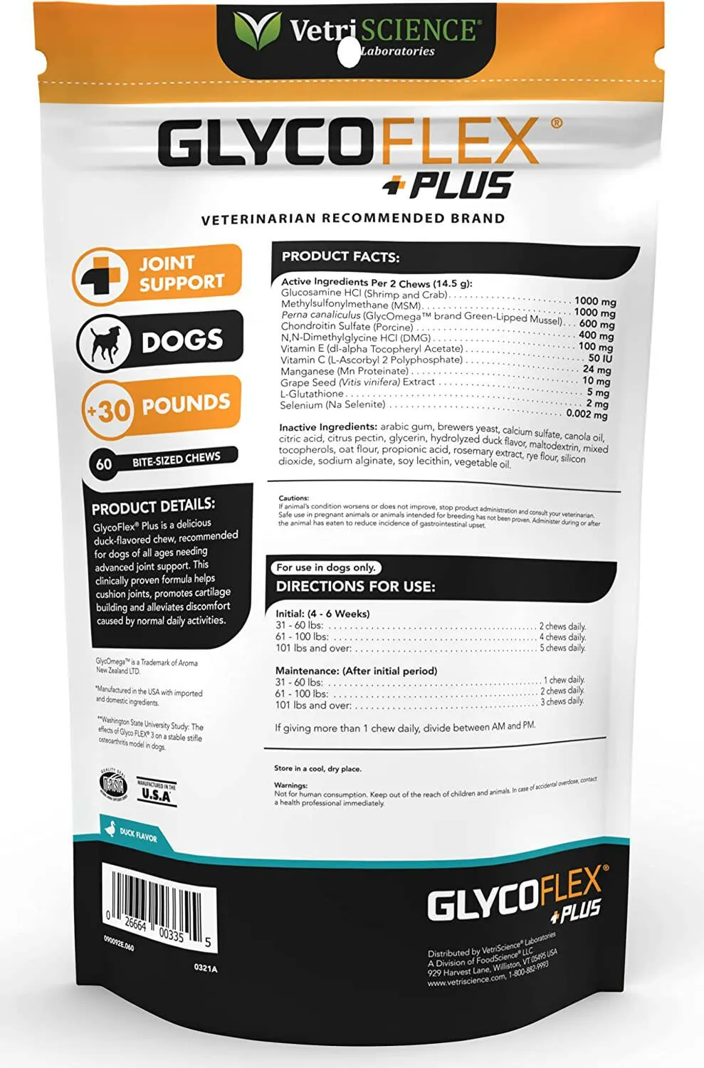 VetriScience GlycoFlex Plus Soft Chews for Dogs Duck Flavor