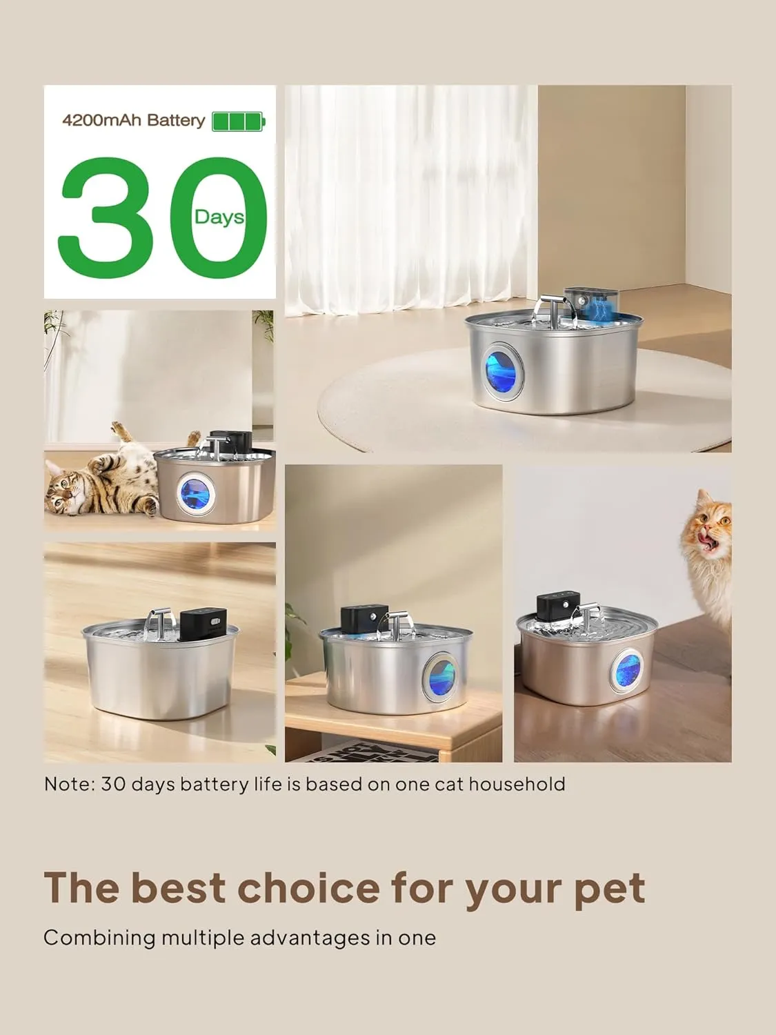 Voluas Stainless Steel Cat Water Fountain: 108oz/3.2L 3-Modes Pet Drinking Fountain Wireless Indoor Cordless Kitty Super-Silent Sensoring Fountain with Dual Water Outlet