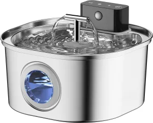 Voluas Stainless Steel Cat Water Fountain: 108oz/3.2L 3-Modes Pet Drinking Fountain Wireless Indoor Cordless Kitty Super-Silent Sensoring Fountain with Dual Water Outlet
