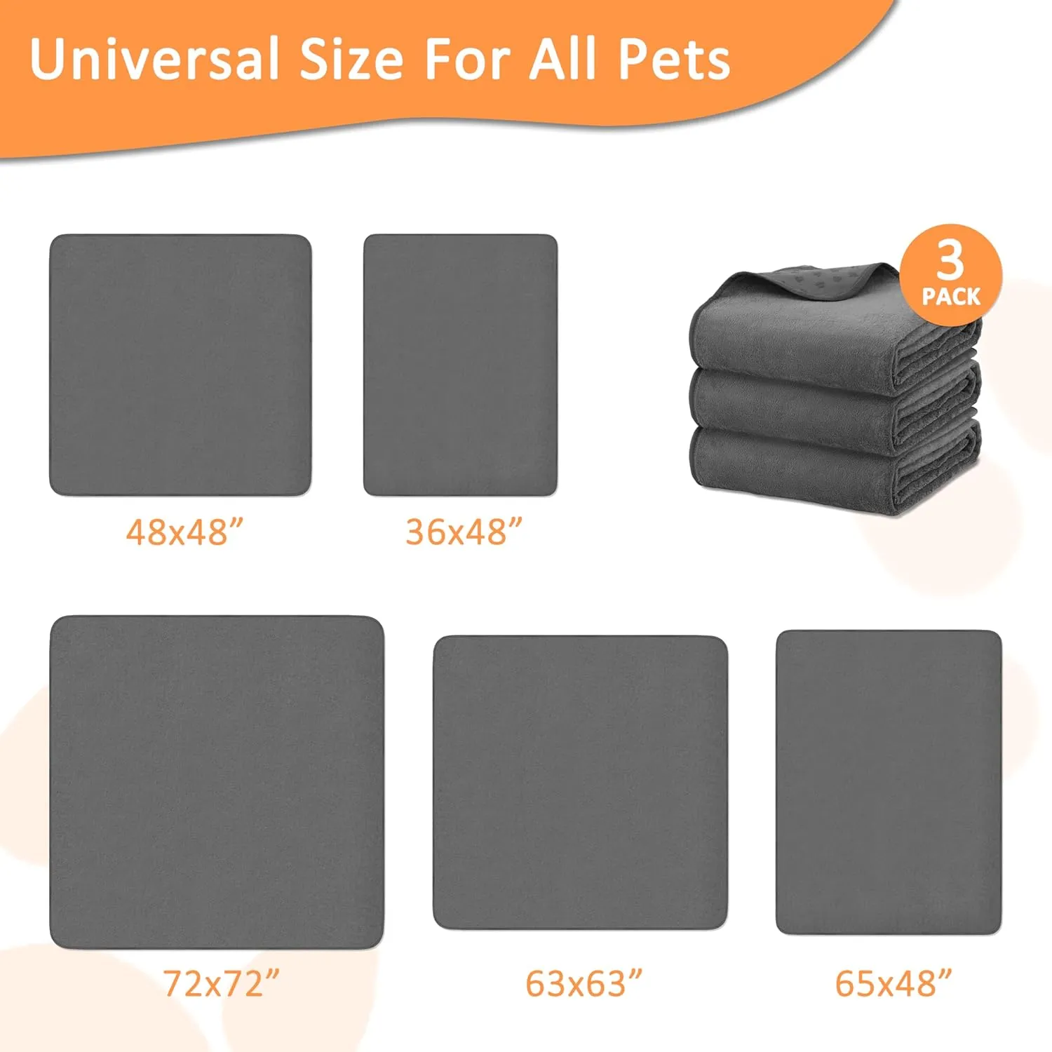 Washable Pee Pads for Dogs 65'' x 48'', 3 Packs Extra Large Reusable Dog Mat with Quick Dry, Fast Absorbent Pet Whelping Pads, Puppy Playpen Mat for Incontinence, Housebreak, Crate, Grey