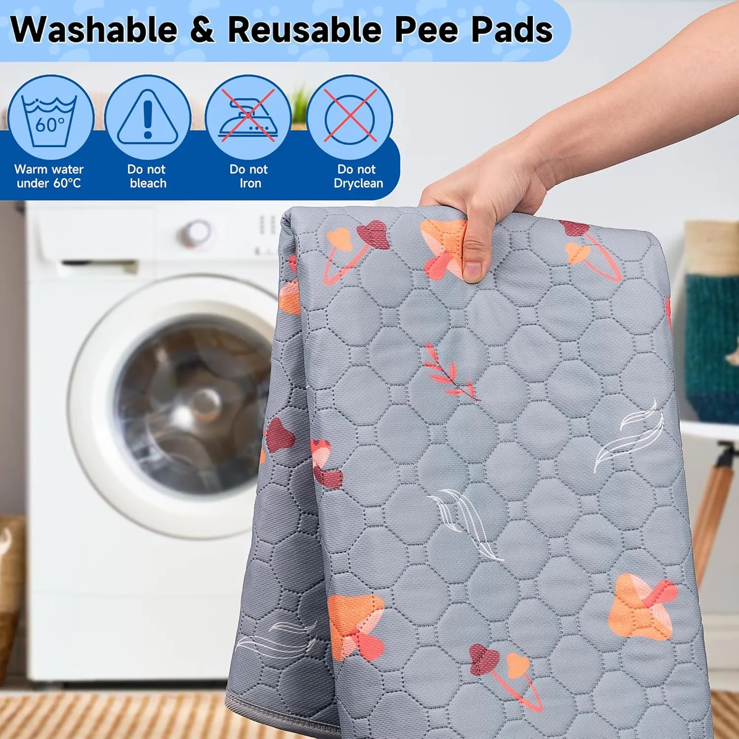 Washable Pee Pads for Dogs, Reusable Dog Pads Extra Large Non-Slip Dog Pee Pads, Waterproof & Absorbent Pet Training Pads for Puppy Playpen, Whelping Box, Potty Training, Light Grey, 72"x 72"