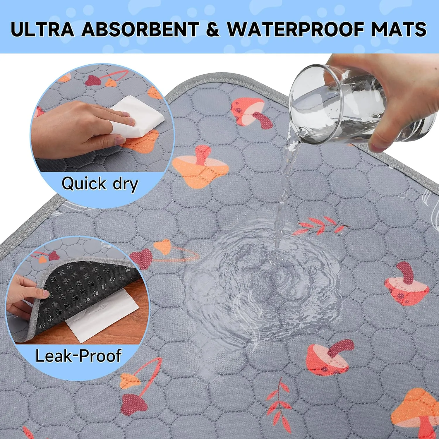 Washable Pee Pads for Dogs, Reusable Dog Pads Extra Large Non-Slip Dog Pee Pads, Waterproof & Absorbent Pet Training Pads for Puppy Playpen, Whelping Box, Potty Training, Light Grey, 72"x 72"