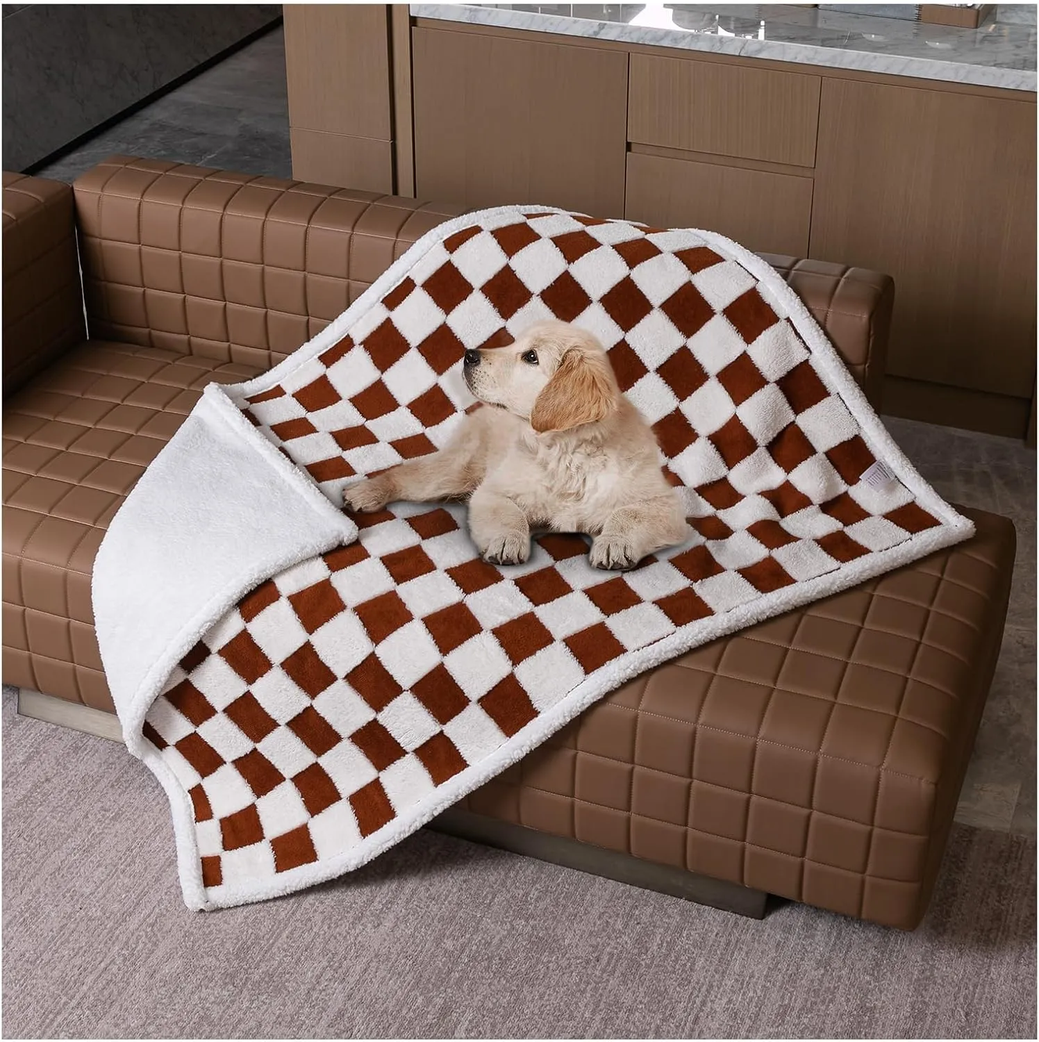 Waterproof Pet Blanket,Dog Bed Covers Couch Sofa Stylish Jacquard Pets Throw Blankets for Puppy Cats Washable Reversible Furniture Protection Covers (Coffee Check,M)