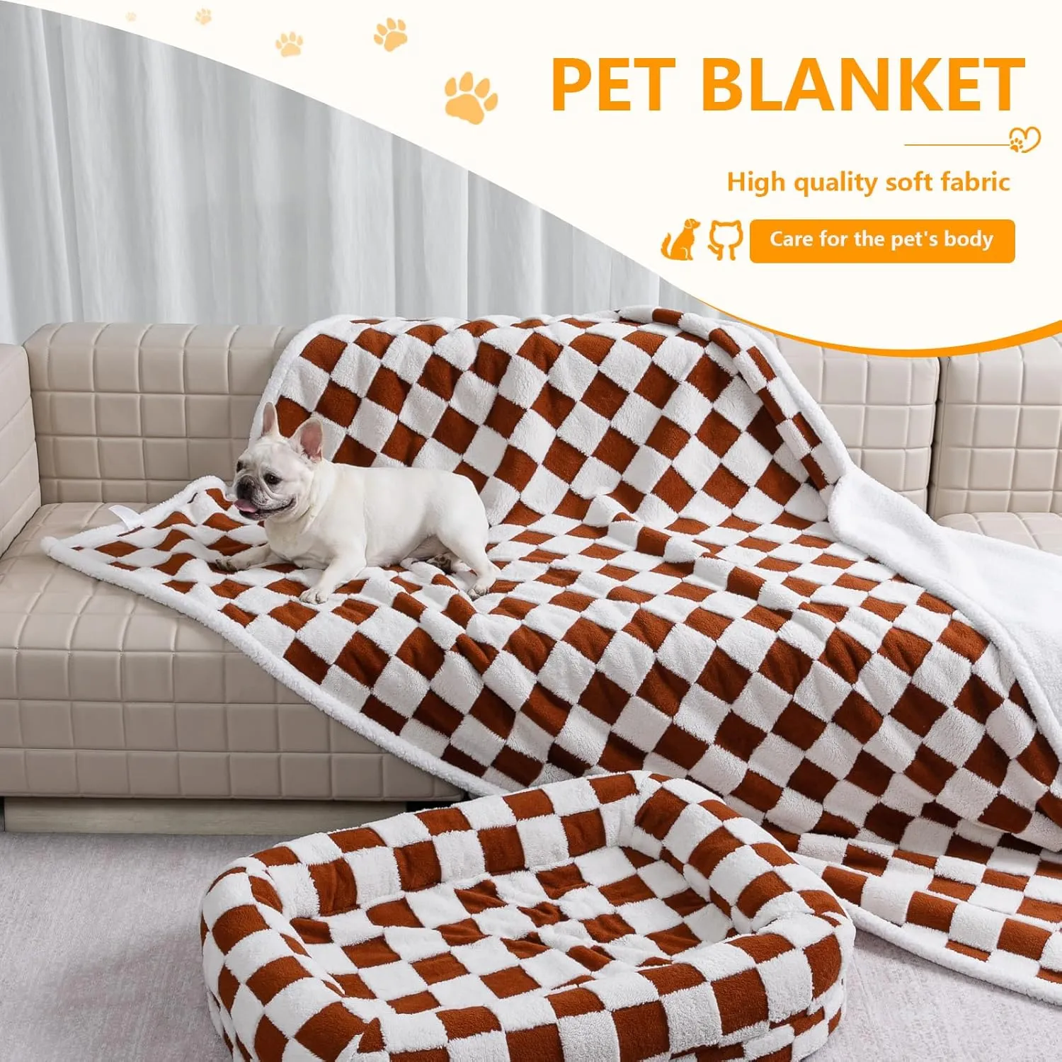 Waterproof Pet Blanket,Dog Bed Covers Couch Sofa Stylish Jacquard Pets Throw Blankets for Puppy Cats Washable Reversible Furniture Protection Covers (Coffee Check,M)
